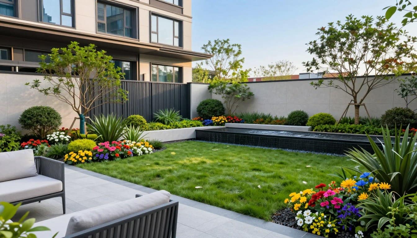 A vibrant and professional landscape design tailored for a commercial space, showcasing a meticulously arranged garden with diverse plant life, including colorful flowers, shrubs, and well-manicured lawns. In the foreground, a sleek outdoor seating area featuring modern furniture invites relaxation. The middle ground displays a stylish water feature, enhancing the serene ambiance. The background features a contemporary building with large windows reflecting natural light, set against a clear blue sky. The scene is illuminated by soft, natural light, creating a welcoming atmosphere. Capture this from a slightly elevated angle, emphasizing the harmonious blend of nature and architecture, embodying the concept of expert commercial landscape design. A vibrant and professional landscape design tailored for a commercial space, showcasing a meticulously arranged garden with diverse plant life, including colorful flowers, shrubs, and well-manicured lawns. In the foreground, a sleek outdoor seating area featuring modern furniture invites relaxation. The middle ground displays a stylish water feature, enhancing the serene ambiance. The background features a contemporary building with large windows reflecting natural light, set against a clear blue sky. The scene is illuminated by soft, natural light, creating a welcoming atmosphere. Capture this from a slightly elevated angle, emphasizing the harmonious blend of nature and architecture, embodying the concept of expert commercial landscape design.