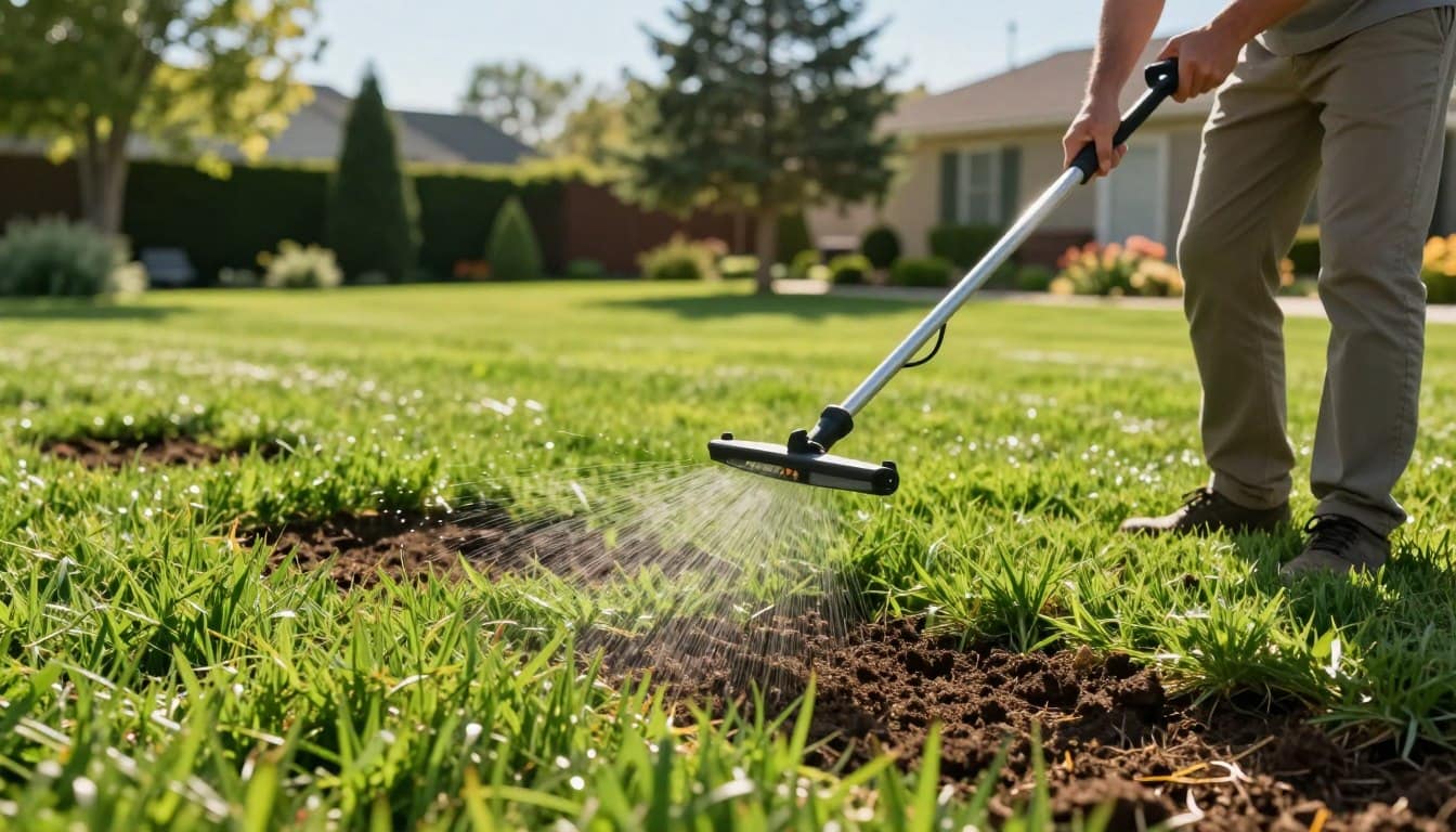 A vibrant, close-up scene depicting the process of overseeding and fertilizing a lush green lawn. In the foreground, a skilled lawn care professional, dressed in modest casual clothing, is confidently using a hand-held seed spreader, casting grass seeds over freshly aerated soil. The mid-ground features rich, healthy grass interspersed with patches of darker soil, showcasing the aeration holes filled with nutrient-rich fertilizer. In the background, a well-maintained suburban yard with trees and ornamental shrubs under clear blue skies adds depth to the scene. The lighting is warm and inviting, casting soft shadows and highlighting the texture of the grass and soil. The overall atmosphere conveys a sense of care and diligence, ideal for achieving a lush, green yard. A vibrant, close-up scene depicting the process of overseeding and fertilizing a lush green lawn. In the foreground, a skilled lawn care professional, dressed in modest casual clothing, is confidently using a hand-held seed spreader, casting grass seeds over freshly aerated soil. The mid-ground features rich, healthy grass interspersed with patches of darker soil, showcasing the aeration holes filled with nutrient-rich fertilizer. In the background, a well-maintained suburban yard with trees and ornamental shrubs under clear blue skies adds depth to the scene. The lighting is warm and inviting, casting soft shadows and highlighting the texture of the grass and soil. The overall atmosphere conveys a sense of care and diligence, ideal for achieving a lush, green yard.
