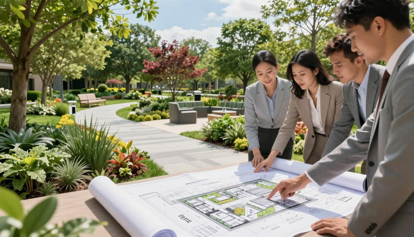 A vibrant commercial landscape design scene in Dyer, showcasing a team of diverse professionals in business attire collaborating on a blueprint surrounded by lush greenery and well-designed outdoor spaces. In the foreground, detailed plans and sketches are spread on a table, with someone pointing to a section. The middle ground features elements such as elegant pathways, native plants, and modern outdoor furniture, illustrating a completed landscape project. The background displays a sunny park with tall trees and flowering shrubs under a blue sky, emphasizing the potential of landscape design. Soft, natural lighting creates an inviting atmosphere, captured from a slightly elevated angle to provide depth and perspective. A vibrant commercial landscape design scene in Dyer, showcasing a team of diverse professionals in business attire collaborating on a blueprint surrounded by lush greenery and well-designed outdoor spaces. In the foreground, detailed plans and sketches are spread on a table, with someone pointing to a section. The middle ground features elements such as elegant pathways, native plants, and modern outdoor furniture, illustrating a completed landscape project. The background displays a sunny park with tall trees and flowering shrubs under a blue sky, emphasizing the potential of landscape design. Soft, natural lighting creates an inviting atmosphere, captured from a slightly elevated angle to provide depth and perspective.