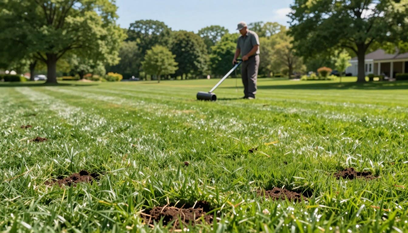 A vibrant lawn in Connecticut showcasing the benefits of aeration for healthy grass. In the foreground, neatly aerated patches of dark green grass with visible soil plugs scattered on the surface, highlighting the aeration process. In the middle, a professional groundskeeper in modest casual clothing using a core aerator, actively working on the lawn's rich texture. In the background, trees with lush foliage and a clear blue sky suggest a sunny day, enhancing the overall health theme. Soft, natural lighting illuminates the scene, creating a warm and inviting atmosphere, emphasizing the freshness and vitality of a well-maintained lawn. The angle is slightly elevated, capturing a broad view of the vivid green landscape. A vibrant lawn in Connecticut showcasing the benefits of aeration for healthy grass. In the foreground, neatly aerated patches of dark green grass with visible soil plugs scattered on the surface, highlighting the aeration process. In the middle, a professional groundskeeper in modest casual clothing using a core aerator, actively working on the lawn's rich texture. In the background, trees with lush foliage and a clear blue sky suggest a sunny day, enhancing the overall health theme. Soft, natural lighting illuminates the scene, creating a warm and inviting atmosphere, emphasizing the freshness and vitality of a well-maintained lawn. The angle is slightly elevated, capturing a broad view of the vivid green landscape.