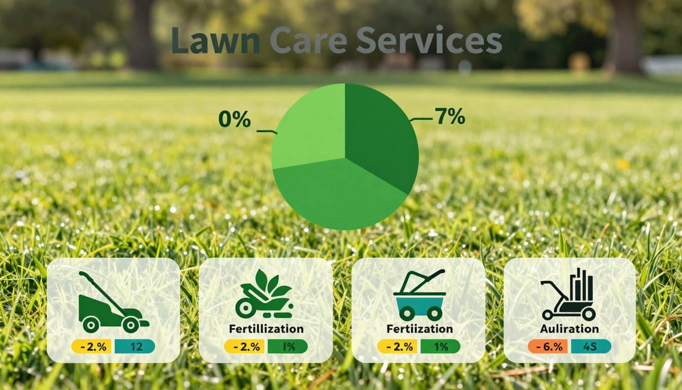 A visually appealing infographic that illustrates the breakdown of lawn care service costs. In the foreground, depict detailed icons representing various services like mowing, fertilization, and aeration, each with their respective cost brackets in colorful segments. In the middle ground, integrate a pie chart showing the percentage breakdown of overall service costs, featuring a vibrant green palette. The background should be a soft-focus lawn landscape under bright daylight, enhancing the theme of outdoor beauty. Use natural lighting to create a warm, inviting atmosphere. The overall mood should be informative and professional, ideal for homeowners looking for lawn care budgeting insights. No text, logos, or watermarks. A visually appealing infographic that illustrates the breakdown of lawn care service costs. In the foreground, depict detailed icons representing various services like mowing, fertilization, and aeration, each with their respective cost brackets in colorful segments. In the middle ground, integrate a pie chart showing the percentage breakdown of overall service costs, featuring a vibrant green palette. The background should be a soft-focus lawn landscape under bright daylight, enhancing the theme of outdoor beauty. Use natural lighting to create a warm, inviting atmosphere. The overall mood should be informative and professional, ideal for homeowners looking for lawn care budgeting insights. No text, logos, or watermarks.