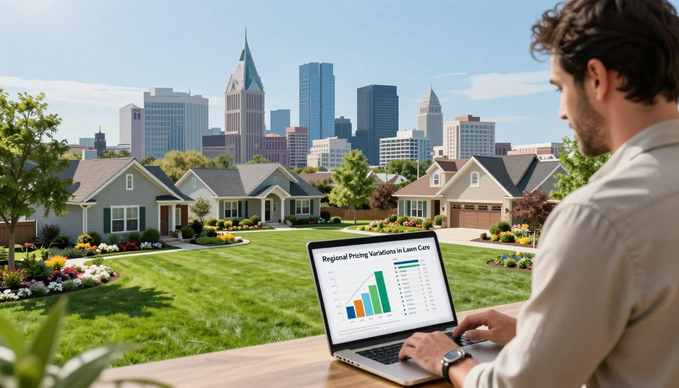 A visually engaging illustration depicting the concept of "Regional Pricing Variations in Lawn Care." In the foreground, a professional landscape designer is analyzing a laptop with graphical charts showing lawn care costs, wearing smart casual attire. The middle ground features diverse lawns, showcasing lush green grass, well-kept flower beds, and various sizes of homes representative of Nashville and other U.S. regions. In the background, a skyline silhouette of Nashville with iconic buildings under a clear blue sky is visible, symbolizing urban lawn care trends. The image should be warmly lit, creating an inspiring and informative atmosphere, captured from a slightly elevated angle to emphasize the interplay between the professional and the regional imagery. A visually engaging illustration depicting the concept of "Regional Pricing Variations in Lawn Care." In the foreground, a professional landscape designer is analyzing a laptop with graphical charts showing lawn care costs, wearing smart casual attire. The middle ground features diverse lawns, showcasing lush green grass, well-kept flower beds, and various sizes of homes representative of Nashville and other U.S. regions. In the background, a skyline silhouette of Nashville with iconic buildings under a clear blue sky is visible, symbolizing urban lawn care trends. The image should be warmly lit, creating an inspiring and informative atmosphere, captured from a slightly elevated angle to emphasize the interplay between the professional and the regional imagery.