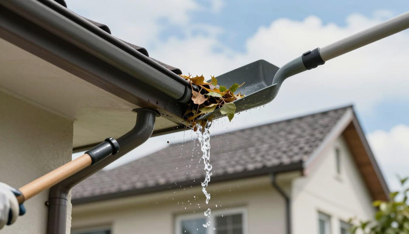A visually striking image illustrating the importance of gutter cleaning for home protection, with the foreground featuring a close-up of a professional wearing safety gloves and using a scoop to clear out leaves and debris from a gutter. In the middle ground, show a well-maintained house with a gently sloping roof and eavestroughs, emphasizing the clear water flowing freely from the gutters. The background includes a blue sky with fluffy clouds, casting soft, diffused sunlight on the scene to create a uplifting atmosphere. The angle should be slightly elevated, capturing both the action of cleaning and the pristine home below. The overall mood conveys diligence and care in home maintenance, highlighting the crucial role of gutters in preventing water damage. A visually striking image illustrating the importance of gutter cleaning for home protection, with the foreground featuring a close-up of a professional wearing safety gloves and using a scoop to clear out leaves and debris from a gutter. In the middle ground, show a well-maintained house with a gently sloping roof and eavestroughs, emphasizing the clear water flowing freely from the gutters. The background includes a blue sky with fluffy clouds, casting soft, diffused sunlight on the scene to create a uplifting atmosphere. The angle should be slightly elevated, capturing both the action of cleaning and the pristine home below. The overall mood conveys diligence and care in home maintenance, highlighting the crucial role of gutters in preventing water damage.