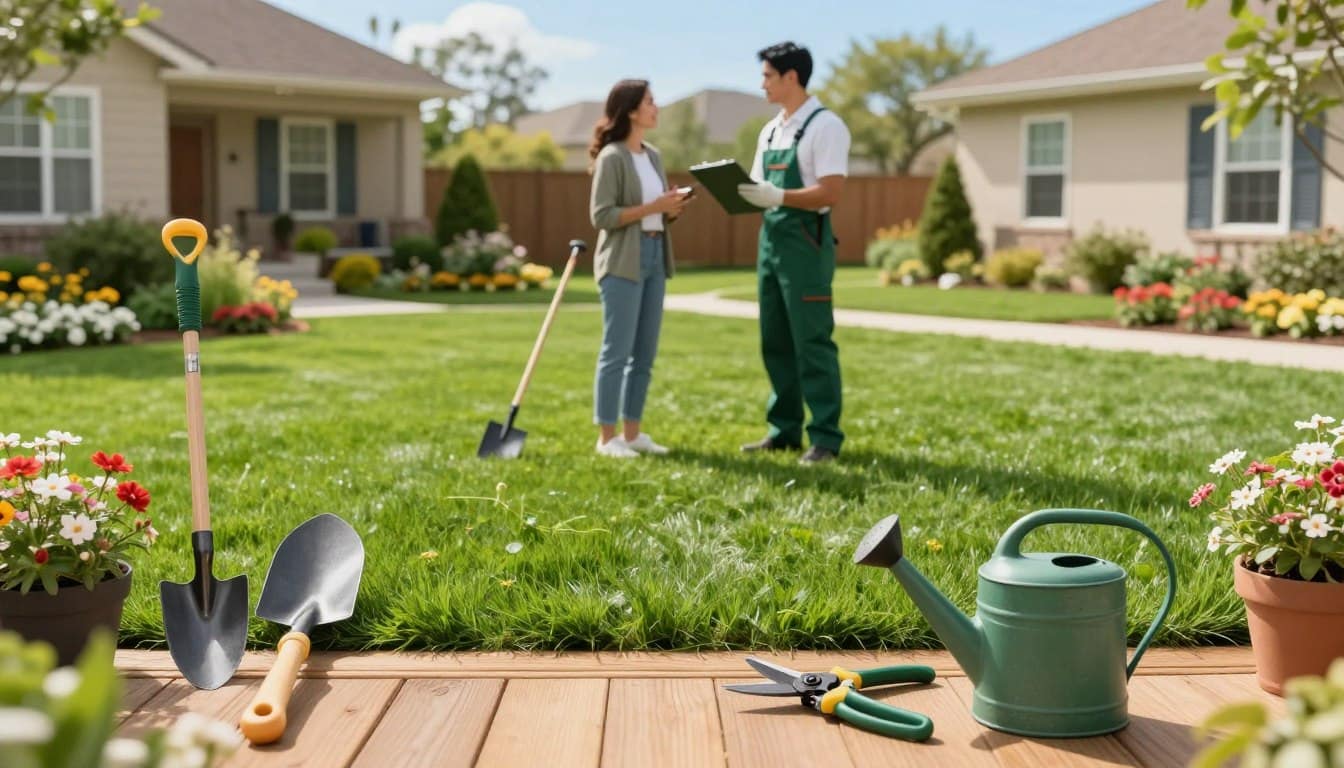 A well-manicured front lawn showcases varying shades of green grass, adorned with blooming flowers along the borders, illustrating an inviting and vibrant atmosphere. In the foreground, a neatly arranged collection of gardening tools—a spade, pruning shears, and a watering can—rest on a wooden deck, demonstrating preparation for lawn care. In the middle ground, a professional lawn care technician, wearing a green uniform and gloves, attentively inspects the grass with a clipboard while discussing services with a homeowner in smart casual attire. The background features a suburban house with a well-kept garden, under a clear blue sky with soft, diffused sunlight enhancing the lushness of the greenery. The overall mood conveys professionalism and care in maintaining a beautiful outdoor space. A well-manicured front lawn showcases varying shades of green grass, adorned with blooming flowers along the borders, illustrating an inviting and vibrant atmosphere. In the foreground, a neatly arranged collection of gardening tools—a spade, pruning shears, and a watering can—rest on a wooden deck, demonstrating preparation for lawn care. In the middle ground, a professional lawn care technician, wearing a green uniform and gloves, attentively inspects the grass with a clipboard while discussing services with a homeowner in smart casual attire. The background features a suburban house with a well-kept garden, under a clear blue sky with soft, diffused sunlight enhancing the lushness of the greenery. The overall mood conveys professionalism and care in maintaining a beautiful outdoor space.