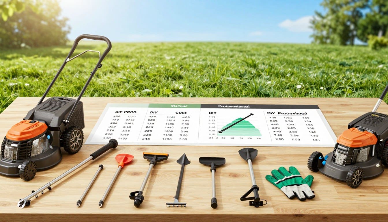 A well-organized workspace featuring various lawn care equipment and tools, highlighting the comparison between DIY and professional options. In the foreground, a neatly arranged display of tools including a lawnmower, trimmer, and gardening gloves, showcasing their costs and quality attributes. In the middle, a large wooden table displaying price tags and analytical charts comparing equipment costs versus hiring a professional service. The background depicts a vibrant green lawn under a clear blue sky, with subtle sunlight casting soft shadows, creating an inviting atmosphere. The image should be captured from a slightly elevated angle as if hovering just above the table, emphasizing both the tools and the serene lawn setting. A well-organized workspace featuring various lawn care equipment and tools, highlighting the comparison between DIY and professional options. In the foreground, a neatly arranged display of tools including a lawnmower, trimmer, and gardening gloves, showcasing their costs and quality attributes. In the middle, a large wooden table displaying price tags and analytical charts comparing equipment costs versus hiring a professional service. The background depicts a vibrant green lawn under a clear blue sky, with subtle sunlight casting soft shadows, creating an inviting atmosphere. The image should be captured from a slightly elevated angle as if hovering just above the table, emphasizing both the tools and the serene lawn setting.