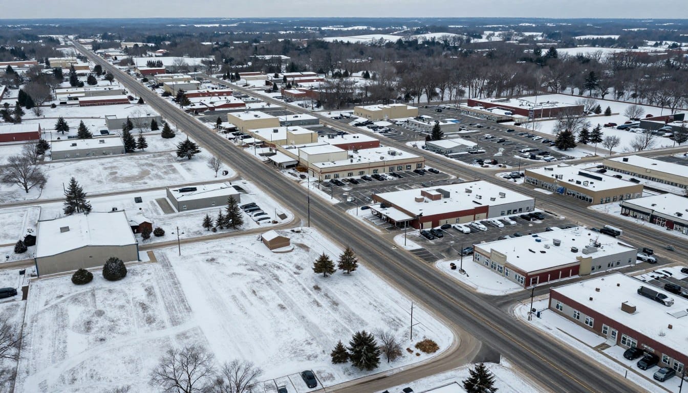Aerial view of Dyer Indiana commercial district showing Route 30 corridor during winter Aerial view of Dyer Indiana commercial district showing Route 30 corridor during winter