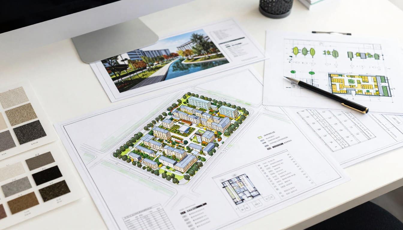Commercial landscape design blueprint with 3D rendering showing master site plan for Dyer business property Commercial landscape design blueprint with 3D rendering showing master site plan for Dyer business property