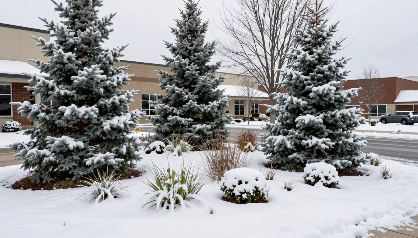 Commercial landscape in Dyer during winter showing resilient design with evergreens and structural hardscape Commercial landscape in Dyer during winter showing resilient design with evergreens and structural hardscape