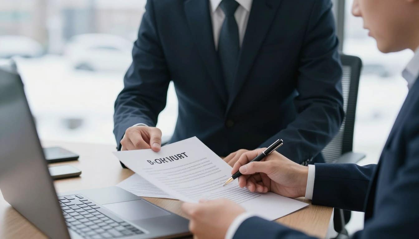Commercial property manager reviewing winter service contract with snow removal contractor Commercial property manager reviewing winter service contract with snow removal contractor