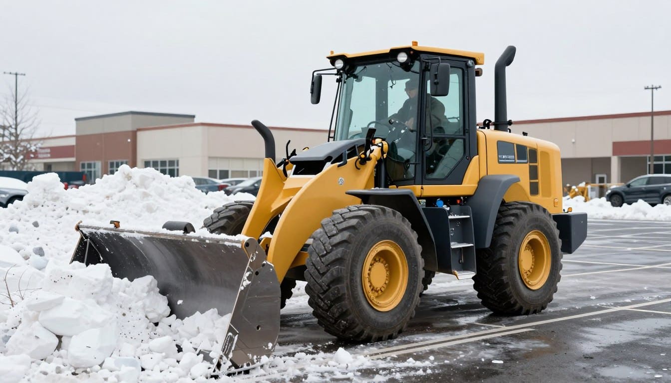 Commercial snow removal operator using heavy loader to relocate large snow pile from parking area Commercial snow removal operator using heavy loader to relocate large snow pile from parking area