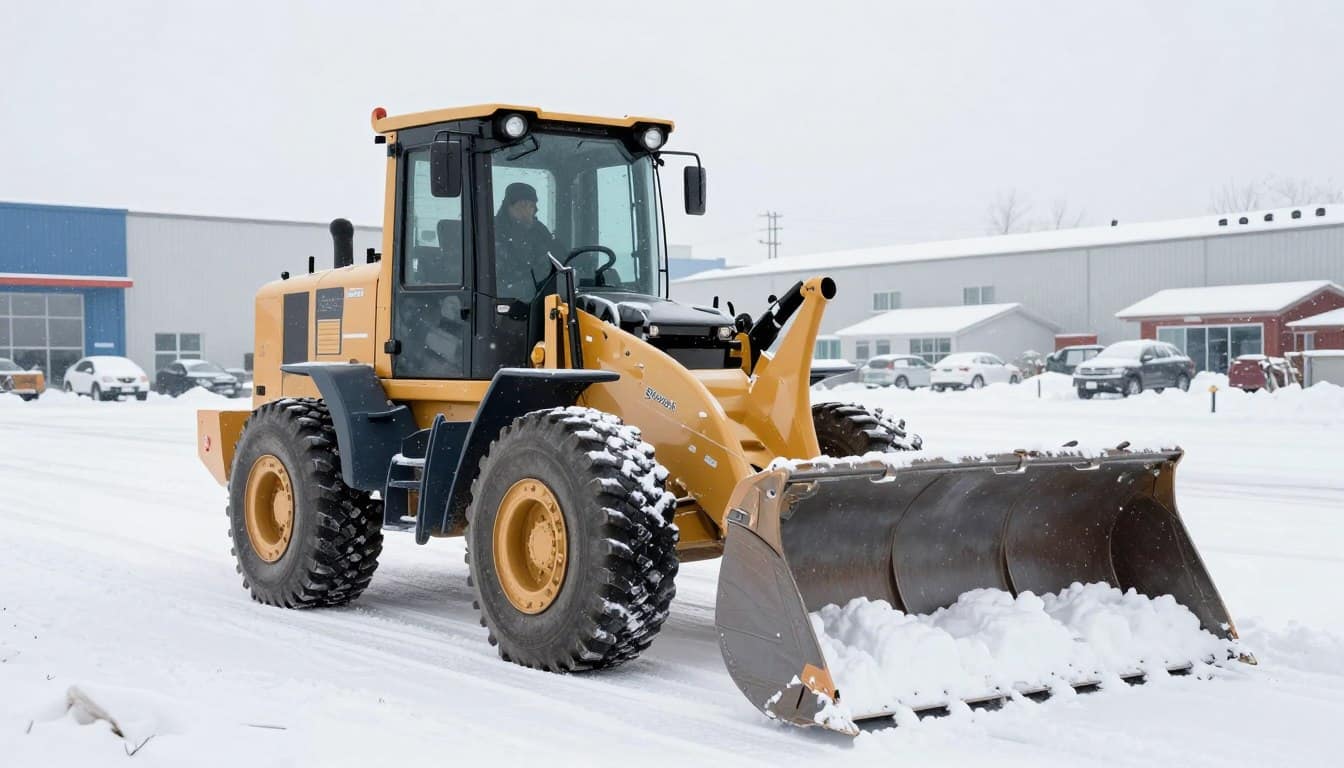 Commercial wheel loader moving snow pile at industrial property during winter storm Commercial wheel loader moving snow pile at industrial property during winter storm