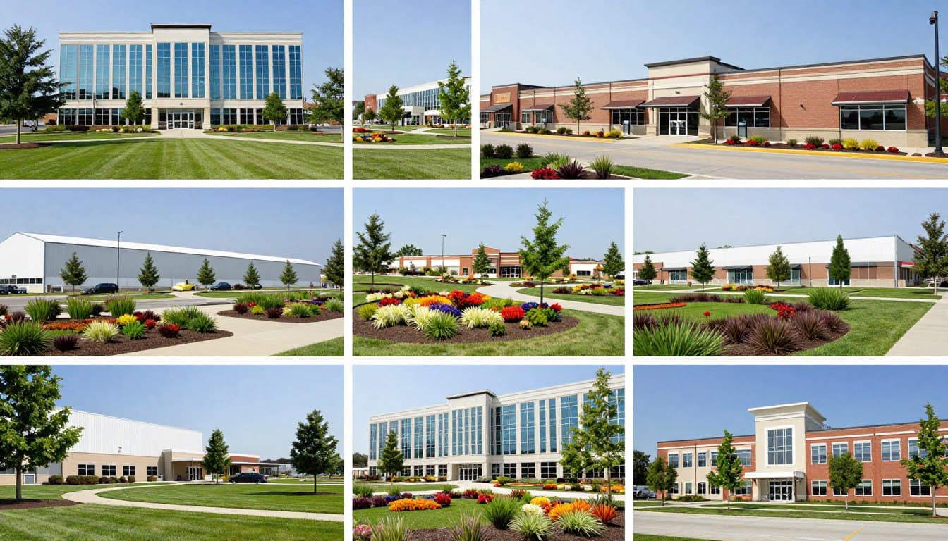 Diverse commercial property types in Dyer showcasing various professional landscape design applications Diverse commercial property types in Dyer showcasing various professional landscape design applications