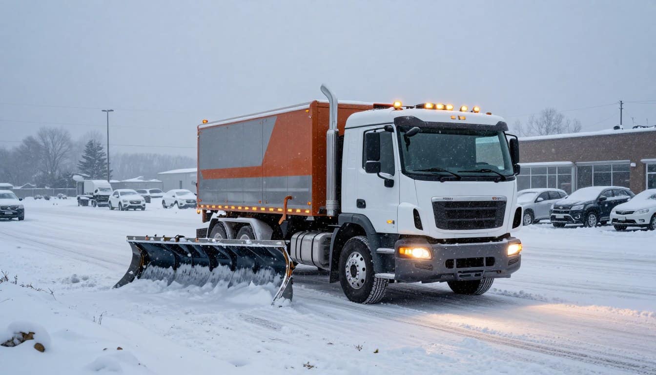 Heavy-duty commercial snow plow clearing multiple lanes in shopping center parking lot during active snowfall Heavy-duty commercial snow plow clearing multiple lanes in shopping center parking lot during active snowfall