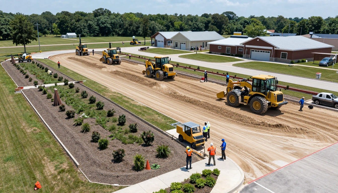 Large commercial landscape installation project showing professional equipment and team coordination in Dyer Large commercial landscape installation project showing professional equipment and team coordination in Dyer