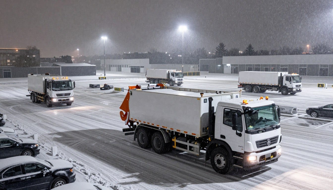 Multiple commercial snow plows working simultaneously during heavy snowstorm at large property Multiple commercial snow plows working simultaneously during heavy snowstorm at large property