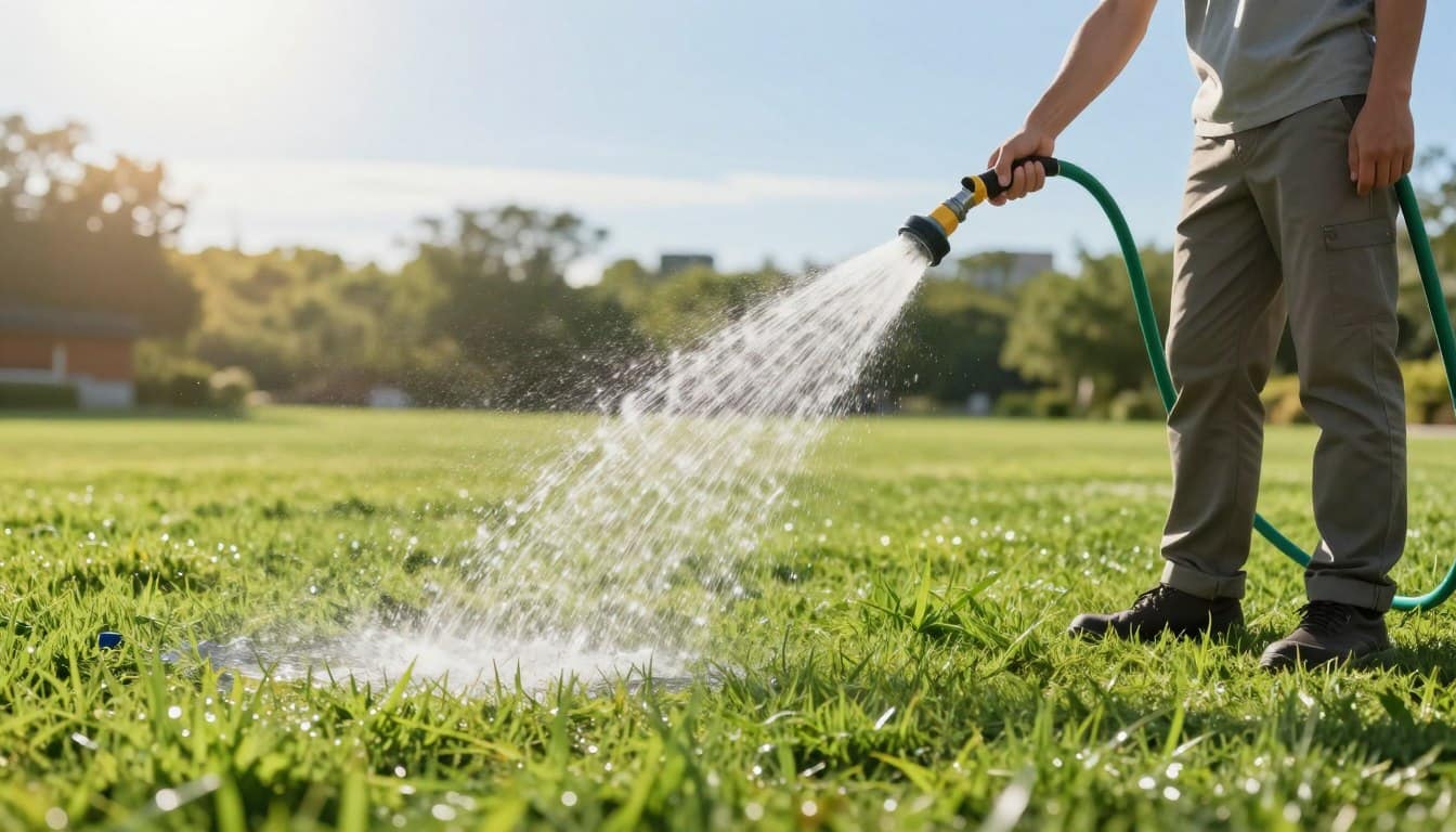 A bright and inviting scene showcasing proper lawn watering techniques for optimal lawn health. In the foreground, a professional gardener dressed in modest casual clothing stands with a garden hose in hand, gently watering a lush green lawn. The gardener is focused, demonstrating the correct angle of watering to minimize runoff and maximize absorption. In the middle ground, a well-maintained lawn features vibrant grass with visible moisture beads on the blades, highlighting healthy hydration. In the background, a clear blue sky with the warm glow of the afternoon sun filters through, casting soft shadows on the ground. The atmosphere is calm and nurturing, emphasizing the importance of watering at the right time of day. A bright and inviting scene showcasing proper lawn watering techniques for optimal lawn health. In the foreground, a professional gardener dressed in modest casual clothing stands with a garden hose in hand, gently watering a lush green lawn. The gardener is focused, demonstrating the correct angle of watering to minimize runoff and maximize absorption. In the middle ground, a well-maintained lawn features vibrant grass with visible moisture beads on the blades, highlighting healthy hydration. In the background, a clear blue sky with the warm glow of the afternoon sun filters through, casting soft shadows on the ground. The atmosphere is calm and nurturing, emphasizing the importance of watering at the right time of day.
