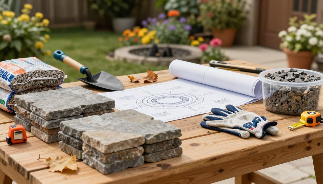 A collection of materials for a budget-friendly fire pit project laid out on a wooden workbench. In the foreground, there are stacks of natural stone pavers, bags of gravel, and a container of fire pit stones. Various tools, including a trowel, gloves, and a measuring tape, are neatly arranged alongside. In the middle ground, a plan with design sketches for a fire pit layout can be seen, partially rolled out, surrounded by scattered leaves and tools. In the background, a sunny backyard setting filled with greenery and colorful flowers adds warmth to the scene. Soft, natural lighting enhances the details, creating an inviting atmosphere. The angle offers a clear view of the workspace as if inviting the viewer to start their own project. A collection of materials for a budget-friendly fire pit project laid out on a wooden workbench. In the foreground, there are stacks of natural stone pavers, bags of gravel, and a container of fire pit stones. Various tools, including a trowel, gloves, and a measuring tape, are neatly arranged alongside. In the middle ground, a plan with design sketches for a fire pit layout can be seen, partially rolled out, surrounded by scattered leaves and tools. In the background, a sunny backyard setting filled with greenery and colorful flowers adds warmth to the scene. Soft, natural lighting enhances the details, creating an inviting atmosphere. The angle offers a clear view of the workspace as if inviting the viewer to start their own project.