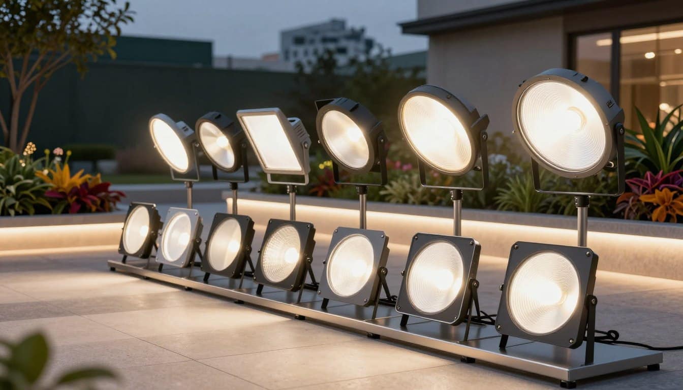 A commercial outdoor LED lighting space showcasing a selection of high-performance area light fixtures. In the foreground, a variety of sleek, modern LED fixtures are displayed on a sturdy metal rack, emphasizing their unique designs and features. The middle ground features an illuminated outdoor scene with clean, well-lit pathways and vibrant plants, highlighting the fixtures' effective lighting capabilities. The background includes a subtle silhouette of a commercial building, reinforcing the outdoor setting. Soft, ambient lighting creates a warm and inviting atmosphere, with clear, vibrant colors that convey professionalism and innovation. The angle captures the fixtures from a slightly elevated perspective, showcasing their installation options while providing a detailed view of their technical specifications. A commercial outdoor LED lighting space showcasing a selection of high-performance area light fixtures. In the foreground, a variety of sleek, modern LED fixtures are displayed on a sturdy metal rack, emphasizing their unique designs and features. The middle ground features an illuminated outdoor scene with clean, well-lit pathways and vibrant plants, highlighting the fixtures' effective lighting capabilities. The background includes a subtle silhouette of a commercial building, reinforcing the outdoor setting. Soft, ambient lighting creates a warm and inviting atmosphere, with clear, vibrant colors that convey professionalism and innovation. The angle captures the fixtures from a slightly elevated perspective, showcasing their installation options while providing a detailed view of their technical specifications.