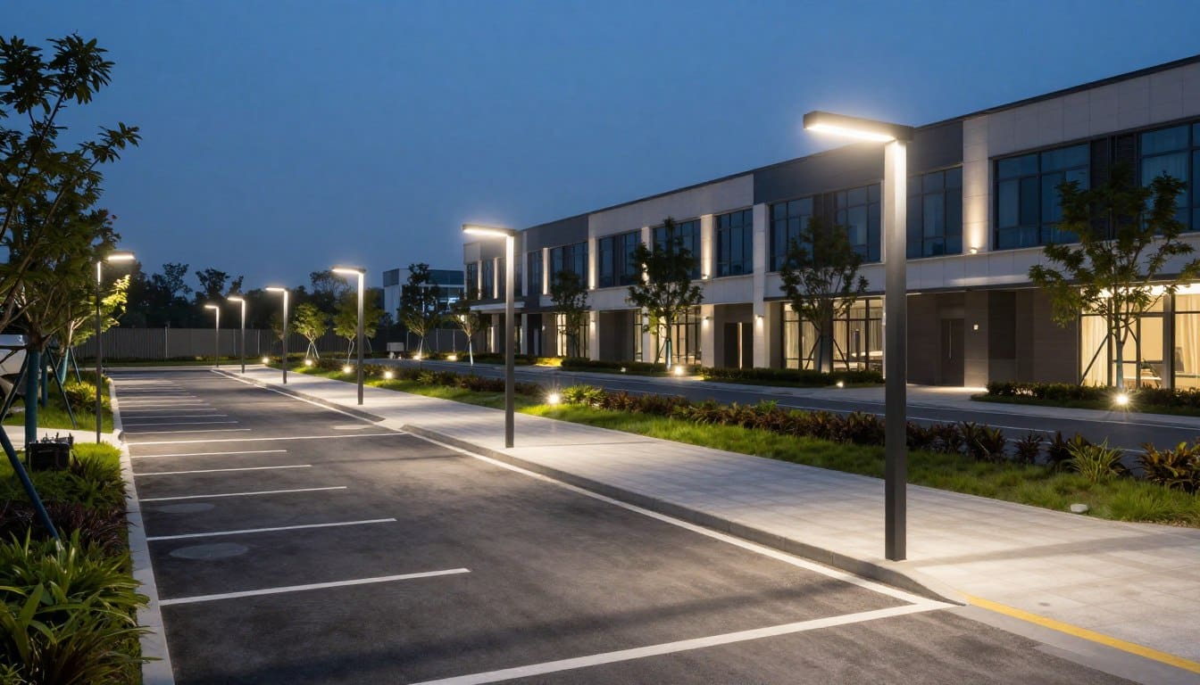 A comprehensive view of a commercial outdoor business property showcasing an efficient LED lighting layout at dusk. In the foreground, include a well-organized parking area illuminated by sleek, modern LED fixtures mounted on tall, aesthetically designed poles. In the middle ground, depict a landscaped walkway lined with low-level LED lights, creating a welcoming ambiance. The background features the facade of a contemporary office building, subtly highlighted by soft architectural uplights. The scene captures a harmonious blend of bright and shadowed spaces, emphasizing visibility and safety. Use a wide-angle lens perspective to enhance depth, and convey a professional, inviting atmosphere that reflects a well-planned lighting design for commercial properties. A comprehensive view of a commercial outdoor business property showcasing an efficient LED lighting layout at dusk. In the foreground, include a well-organized parking area illuminated by sleek, modern LED fixtures mounted on tall, aesthetically designed poles. In the middle ground, depict a landscaped walkway lined with low-level LED lights, creating a welcoming ambiance. The background features the facade of a contemporary office building, subtly highlighted by soft architectural uplights. The scene captures a harmonious blend of bright and shadowed spaces, emphasizing visibility and safety. Use a wide-angle lens perspective to enhance depth, and convey a professional, inviting atmosphere that reflects a well-planned lighting design for commercial properties.