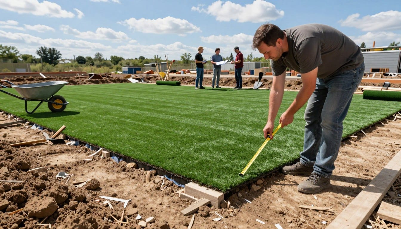 A construction site preparing for artificial turf installation, showcasing an open area with freshly dug earth and debris scattered around. In the foreground, a professional in modest casual attire is using a measuring tape to assess the ground, with a wheelbarrow nearby. The middle ground features tools like shovels and rakes, a roll of synthetic turf, and workers discussing plans. The background includes a clear blue sky, with a few fluffy clouds and distant trees. The lighting is bright and natural, emphasizing the active and diligent atmosphere of preparation and demolition. The angle captures a dynamic perspective of the worksite, highlighting both the effort and the importance of proper groundwork for safety. A construction site preparing for artificial turf installation, showcasing an open area with freshly dug earth and debris scattered around. In the foreground, a professional in modest casual attire is using a measuring tape to assess the ground, with a wheelbarrow nearby. The middle ground features tools like shovels and rakes, a roll of synthetic turf, and workers discussing plans. The background includes a clear blue sky, with a few fluffy clouds and distant trees. The lighting is bright and natural, emphasizing the active and diligent atmosphere of preparation and demolition. The angle captures a dynamic perspective of the worksite, highlighting both the effort and the importance of proper groundwork for safety.