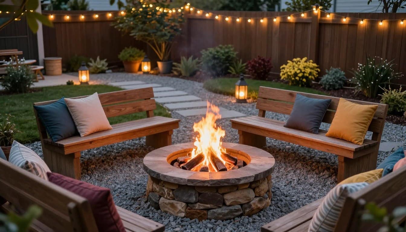 A cozy backyard fire pit area, designed on a budget, featuring essential elements for a welcoming atmosphere. In the foreground, a circular stone fire pit with glowing embers, surrounded by affordable wooden benches and a few colorful cushions, suggesting comfort. The middle ground includes a small gravel pathway leading to the fire pit, with scattered lanterns providing soft, warm lighting. The background showcases a simple, well-maintained garden with low-cost shrubs and fairy lights strung between trees, creating a magical ambiance. The scene is illuminated by the gentle glow of the fire and the warm evening light, captured from a slightly elevated angle to emphasize the inviting layout and relaxed vibe of the space. A cozy backyard fire pit area, designed on a budget, featuring essential elements for a welcoming atmosphere. In the foreground, a circular stone fire pit with glowing embers, surrounded by affordable wooden benches and a few colorful cushions, suggesting comfort. The middle ground includes a small gravel pathway leading to the fire pit, with scattered lanterns providing soft, warm lighting. The background showcases a simple, well-maintained garden with low-cost shrubs and fairy lights strung between trees, creating a magical ambiance. The scene is illuminated by the gentle glow of the fire and the warm evening light, captured from a slightly elevated angle to emphasize the inviting layout and relaxed vibe of the space.