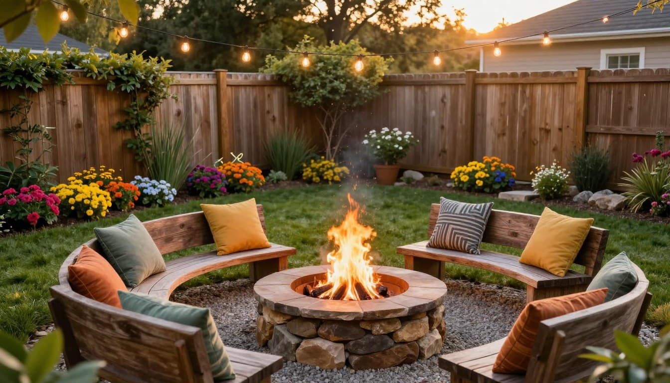 A cozy backyard fire pit landscape designed on a budget. In the foreground, a circular fire pit made of stone, surrounded by rustic wooden benches and vibrant outdoor cushions. In the middle ground, a lush green lawn is interspersed with flower beds featuring seasonal blooms in a rainbow of colors. A small gravel pathway leads to the fire pit, illuminated by warm, soft lights strung overhead. In the background, a wooden fence provides privacy, partially covered with climbing vines, creating a serene atmosphere. The scene is captured during the golden hour, with warm sunlight casting gentle shadows and enhancing the inviting ambiance. The mood is tranquil and inviting, perfect for outdoor gatherings. A cozy backyard fire pit landscape designed on a budget. In the foreground, a circular fire pit made of stone, surrounded by rustic wooden benches and vibrant outdoor cushions. In the middle ground, a lush green lawn is interspersed with flower beds featuring seasonal blooms in a rainbow of colors. A small gravel pathway leads to the fire pit, illuminated by warm, soft lights strung overhead. In the background, a wooden fence provides privacy, partially covered with climbing vines, creating a serene atmosphere. The scene is captured during the golden hour, with warm sunlight casting gentle shadows and enhancing the inviting ambiance. The mood is tranquil and inviting, perfect for outdoor gatherings.