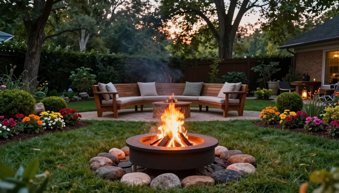 A cozy backyard fire pit scene, situated in the foreground, surrounded by smooth stones and softly glowing embers. Lush green grass frames the area, with decorative landscape elements such as blooming flower beds and carefully arranged shrubs adding vibrant colors. In the middle ground, a wooden seating arrangement, with rustic benches and comfortable outdoor cushions, invites relaxation. Warm evening lighting casts a gentle glow, enhancing the inviting atmosphere. In the background, a canopy of tall trees creates a tranquil setting, their silhouettes softly illuminated by the fire's flicker. Capture this scene from a slightly elevated angle to provide depth, emphasizing the harmony between the fire pit and surrounding natural beauty. The mood should evoke warmth, togetherness, and tranquility in an outdoor sanctuary. A cozy backyard fire pit scene, situated in the foreground, surrounded by smooth stones and softly glowing embers. Lush green grass frames the area, with decorative landscape elements such as blooming flower beds and carefully arranged shrubs adding vibrant colors. In the middle ground, a wooden seating arrangement, with rustic benches and comfortable outdoor cushions, invites relaxation. Warm evening lighting casts a gentle glow, enhancing the inviting atmosphere. In the background, a canopy of tall trees creates a tranquil setting, their silhouettes softly illuminated by the fire's flicker. Capture this scene from a slightly elevated angle to provide depth, emphasizing the harmony between the fire pit and surrounding natural beauty. The mood should evoke warmth, togetherness, and tranquility in an outdoor sanctuary.
