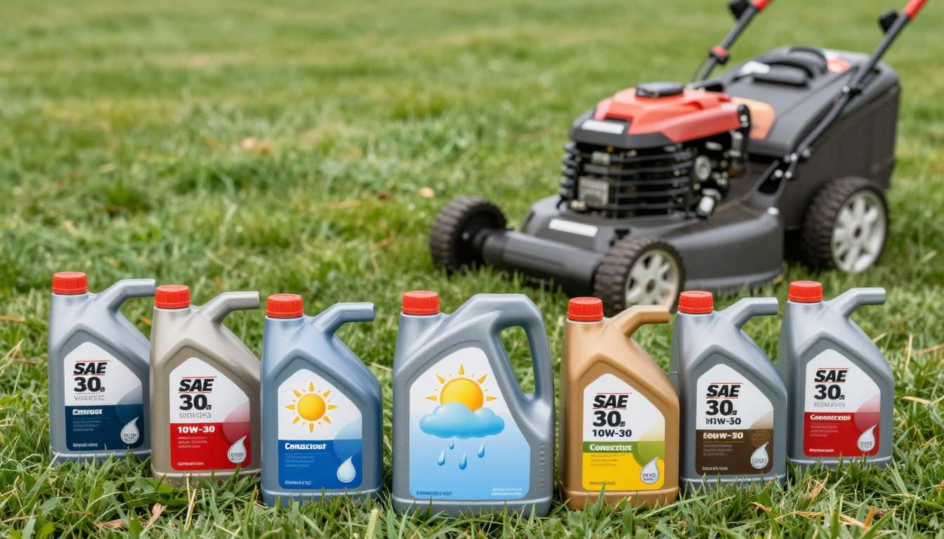 A detailed SAE viscosity guide for lawn mower oil, showcasing various oil grades such as SAE 30, SAE 10W-30, and SAE 5W-30 arranged aesthetically across the foreground. In the middle, include a graphic representation of Connecticut's weather conditions—depicting temperature variances with icons like a sunny day and a light rain. The background features a lush green lawn and a well-maintained lawn mower, enhancing the context. Use soft, natural lighting to create an inviting outdoor atmosphere, emphasizing the practicality of choosing the right oil grade. Capture the image from a slight aerial angle for clarity and perspective, presenting a vibrant and informative visual guide for lawn mower oil recommendations. A detailed SAE viscosity guide for lawn mower oil, showcasing various oil grades such as SAE 30, SAE 10W-30, and SAE 5W-30 arranged aesthetically across the foreground. In the middle, include a graphic representation of Connecticut's weather conditions—depicting temperature variances with icons like a sunny day and a light rain. The background features a lush green lawn and a well-maintained lawn mower, enhancing the context. Use soft, natural lighting to create an inviting outdoor atmosphere, emphasizing the practicality of choosing the right oil grade. Capture the image from a slight aerial angle for clarity and perspective, presenting a vibrant and informative visual guide for lawn mower oil recommendations.