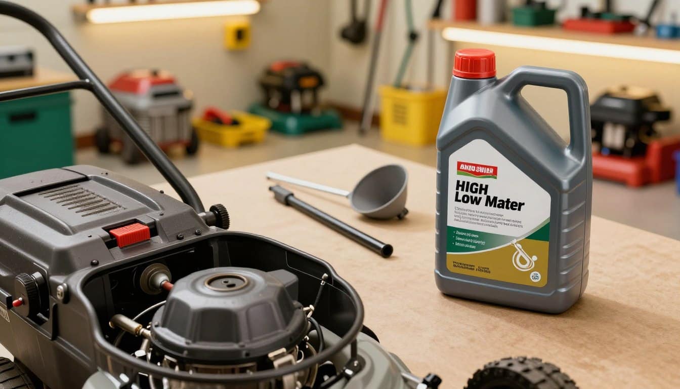 A detailed and informative image illustrating a lawn mower engine oil guide, focusing on the type of oil needed for various lawn mower engines. In the foreground, a clean and organized workspace shows an open lawn mower's oil compartment, with a bottle of high-quality lawn mower oil labeled with specifications like viscosity and type prominently displayed. In the middle, tools such as a dipstick and a funnel are neatly arranged, emphasizing a DIY oil change process. In the background, a brightly lit garage filled with gardening tools and equipment adds context. The scene conveys an atmosphere of maintenance and care, with warm, inviting lighting that highlights the shiny surfaces of the tools and oil container. The angle should be slightly overhead, offering a clear view of the components without any text or watermarks. A detailed and informative image illustrating a lawn mower engine oil guide, focusing on the type of oil needed for various lawn mower engines. In the foreground, a clean and organized workspace shows an open lawn mower's oil compartment, with a bottle of high-quality lawn mower oil labeled with specifications like viscosity and type prominently displayed. In the middle, tools such as a dipstick and a funnel are neatly arranged, emphasizing a DIY oil change process. In the background, a brightly lit garage filled with gardening tools and equipment adds context. The scene conveys an atmosphere of maintenance and care, with warm, inviting lighting that highlights the shiny surfaces of the tools and oil container. The angle should be slightly overhead, offering a clear view of the components without any text or watermarks.