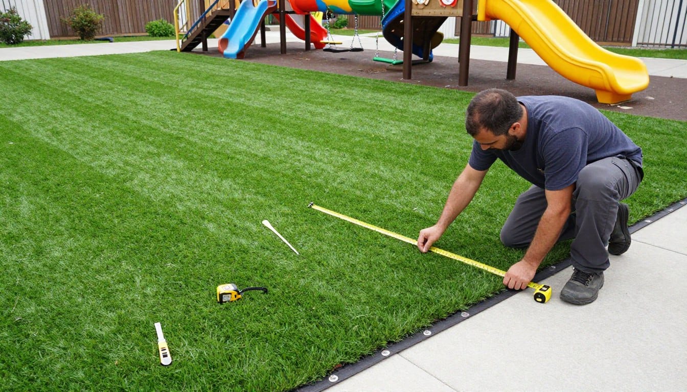 A detailed artificial turf installation guide for playgrounds, depicting a step-by-step process. In the foreground, a professional installer wearing modest casual clothing is measuring and cutting synthetic turf, surrounded by tools such as a utility knife, measuring tape, and adhesive. In the middle ground, freshly laid artificial turf covers a playground area, with soft padding visible underneath for safety. The background features a vibrant playground with colorful equipment like swings and slides, under bright, natural lighting that highlights the textures of the turf. The atmosphere is energetic and focused, conveying a sense of professionalism and attention to safety. The image should be captured from an elevated angle to provide a comprehensive view of the installation process without any text or overlays. A detailed artificial turf installation guide for playgrounds, depicting a step-by-step process. In the foreground, a professional installer wearing modest casual clothing is measuring and cutting synthetic turf, surrounded by tools such as a utility knife, measuring tape, and adhesive. In the middle ground, freshly laid artificial turf covers a playground area, with soft padding visible underneath for safety. The background features a vibrant playground with colorful equipment like swings and slides, under bright, natural lighting that highlights the textures of the turf. The atmosphere is energetic and focused, conveying a sense of professionalism and attention to safety. The image should be captured from an elevated angle to provide a comprehensive view of the installation process without any text or overlays.