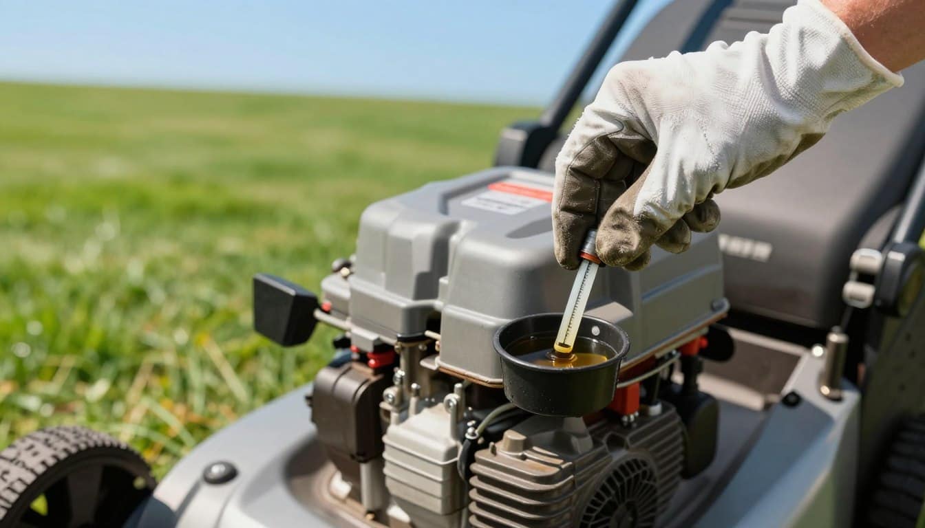 A detailed close-up image of a lawn mower's engine oil check process. In the foreground, a person's hand, wearing a modest glove, pulls out the dipstick from the mower's engine, carefully examining the oil level. In the middle, the lawn mower is shown with its engine exposed, emphasizing the dipstick and oil reservoir. The background features a well-manicured lawn with freshly cut grass and a clear blue sky, creating a bright, sunny atmosphere. The lighting is natural and diffused, casting soft shadows for a realistic feel. The scene is composited with a slight depth of field to focus on the checking process, conveying a sense of care and maintenance essential for lawn mower upkeep. A detailed close-up image of a lawn mower's engine oil check process. In the foreground, a person's hand, wearing a modest glove, pulls out the dipstick from the mower's engine, carefully examining the oil level. In the middle, the lawn mower is shown with its engine exposed, emphasizing the dipstick and oil reservoir. The background features a well-manicured lawn with freshly cut grass and a clear blue sky, creating a bright, sunny atmosphere. The lighting is natural and diffused, casting soft shadows for a realistic feel. The scene is composited with a slight depth of field to focus on the checking process, conveying a sense of care and maintenance essential for lawn mower upkeep.