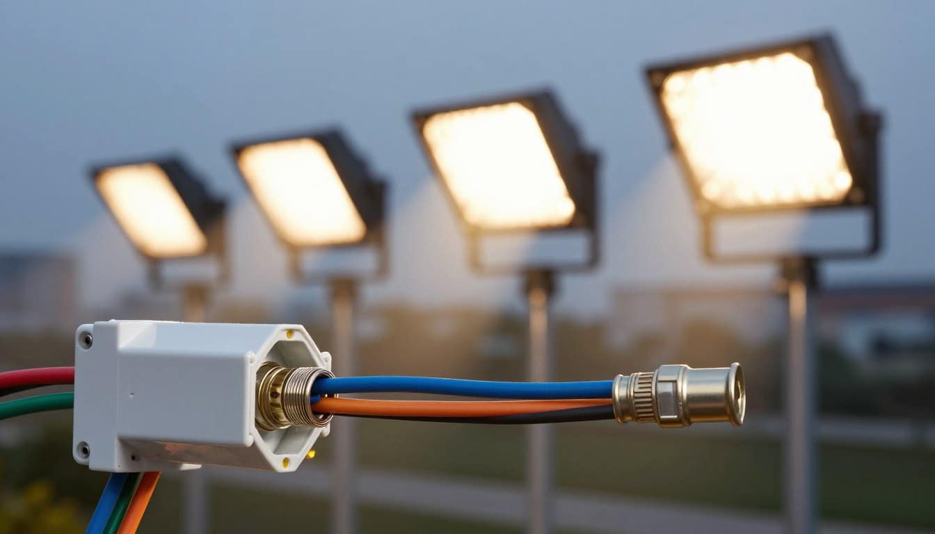 A detailed close-up of safely wired high-performance LED fixtures designed for commercial outdoor lighting. In the foreground, depict the junction box with neatly arranged, color-coded wires connected to robust LED fixtures, showcasing a clear emphasis on durability and safety. The middle ground features bright area light fixtures mounted on sturdy poles, casting a warm, inviting glow in an outdoor setting, effectively highlighting the wiring. In the background, a subtle cityscape under a twilight sky enhances the installation context, conveying a professional atmosphere. The lighting is soft yet illuminating, with a shallow depth of field to focus on the wiring details, demonstrating best practices in compliance and safety. A detailed close-up of safely wired high-performance LED fixtures designed for commercial outdoor lighting. In the foreground, depict the junction box with neatly arranged, color-coded wires connected to robust LED fixtures, showcasing a clear emphasis on durability and safety. The middle ground features bright area light fixtures mounted on sturdy poles, casting a warm, inviting glow in an outdoor setting, effectively highlighting the wiring. In the background, a subtle cityscape under a twilight sky enhances the installation context, conveying a professional atmosphere. The lighting is soft yet illuminating, with a shallow depth of field to focus on the wiring details, demonstrating best practices in compliance and safety.