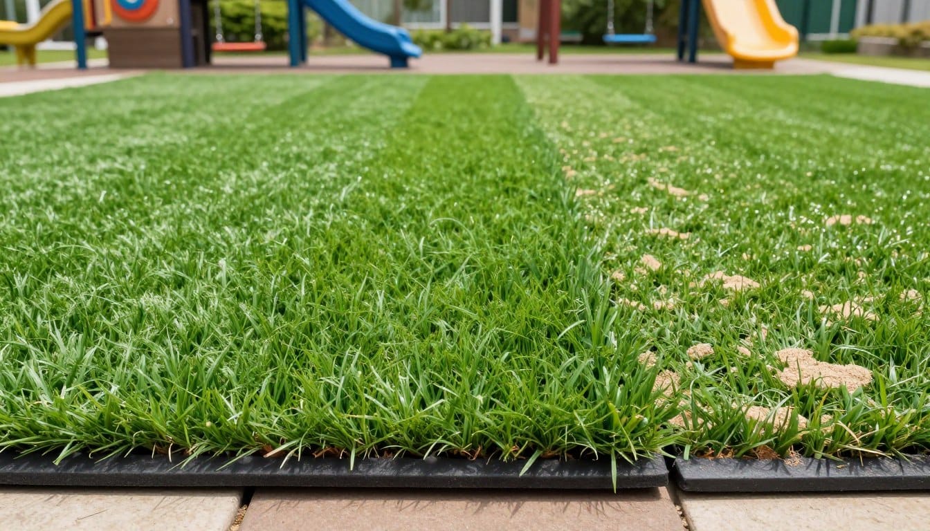 A detailed comparison illustration of artificial grass options for playgrounds, featuring two distinct sections: one side displaying lush, vibrant green synthetic turf (textured with varying pile heights) and the other side showing a more rugged, durable grass type with a sand infill. In the foreground, include a safety padding layer made of foam and rubber beneath the grass. The middle ground captures the lush grass in bright daylight, showcasing colors that are vivid and inviting, while the background includes a soft-focus playground setting with swings and slides. Use natural lighting to enhance the texture of the grass, with a wide-angle lens effect to provide an expansive view. The atmosphere is cheerful and safe, perfect for children at play. No text or watermarks present. A detailed comparison illustration of artificial grass options for playgrounds, featuring two distinct sections: one side displaying lush, vibrant green synthetic turf (textured with varying pile heights) and the other side showing a more rugged, durable grass type with a sand infill. In the foreground, include a safety padding layer made of foam and rubber beneath the grass. The middle ground captures the lush grass in bright daylight, showcasing colors that are vivid and inviting, while the background includes a soft-focus playground setting with swings and slides. Use natural lighting to enhance the texture of the grass, with a wide-angle lens effect to provide an expansive view. The atmosphere is cheerful and safe, perfect for children at play. No text or watermarks present.