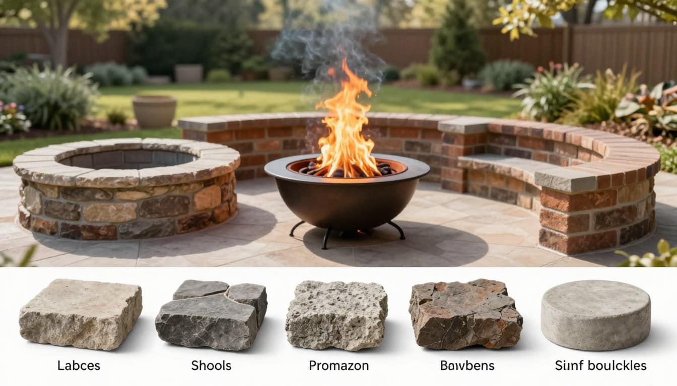 A detailed comparison of various fire pit materials arranged in a visually engaging layout. In the foreground, display a selection of materials such as stone, brick, metal, and concrete, each piece meticulously labeled and showcasing their texture. In the middle ground, include a variety of fire pit designs, such as a classic circular stone pit, a modern steel fire bowl, and a rustic brick setup, set against a lush backyard landscape. The background should feature soft, dappled sunlight filtering through trees, creating a warm, inviting atmosphere. Use a shallow depth of field to bring focus to the materials and fire pits, while the overall lighting is soft and natural, evoking a cozy outdoor ambiance suitable for gatherings. A detailed comparison of various fire pit materials arranged in a visually engaging layout. In the foreground, display a selection of materials such as stone, brick, metal, and concrete, each piece meticulously labeled and showcasing their texture. In the middle ground, include a variety of fire pit designs, such as a classic circular stone pit, a modern steel fire bowl, and a rustic brick setup, set against a lush backyard landscape. The background should feature soft, dappled sunlight filtering through trees, creating a warm, inviting atmosphere. Use a shallow depth of field to bring focus to the materials and fire pits, while the overall lighting is soft and natural, evoking a cozy outdoor ambiance suitable for gatherings.