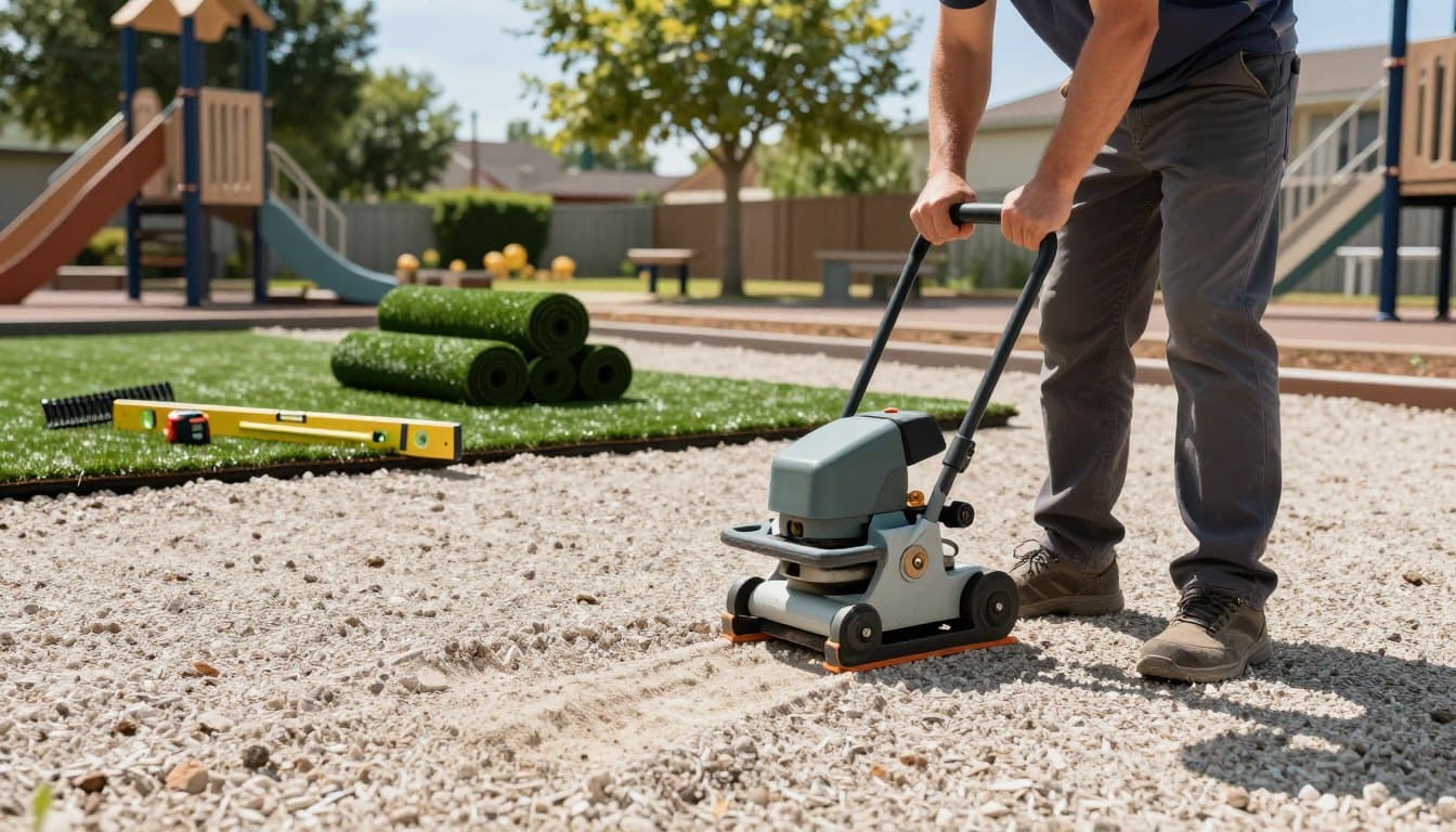 A detailed instructional scene depicting base installation for synthetic turf in a playground setting. In the foreground, a professional contractor in modest casual clothing uses a compaction machine on a smoothly leveled, light-colored gravel base, demonstrating proper technique. In the middle ground, neatly organized tools like a rake, leveling board, and measuring tape are visible, alongside piles of synthetic turf rolls ready for installation. The background features a sunny day with a clear blue sky, and healthy trees providing shade to the playground area. Soft, natural lighting casts gentle shadows, enhancing the professional atmosphere of the image, while the focus remains sharp on the installation process, illustrating diligence and safety in installation technique. A detailed instructional scene depicting base installation for synthetic turf in a playground setting. In the foreground, a professional contractor in modest casual clothing uses a compaction machine on a smoothly leveled, light-colored gravel base, demonstrating proper technique. In the middle ground, neatly organized tools like a rake, leveling board, and measuring tape are visible, alongside piles of synthetic turf rolls ready for installation. The background features a sunny day with a clear blue sky, and healthy trees providing shade to the playground area. Soft, natural lighting casts gentle shadows, enhancing the professional atmosphere of the image, while the focus remains sharp on the installation process, illustrating diligence and safety in installation technique.
