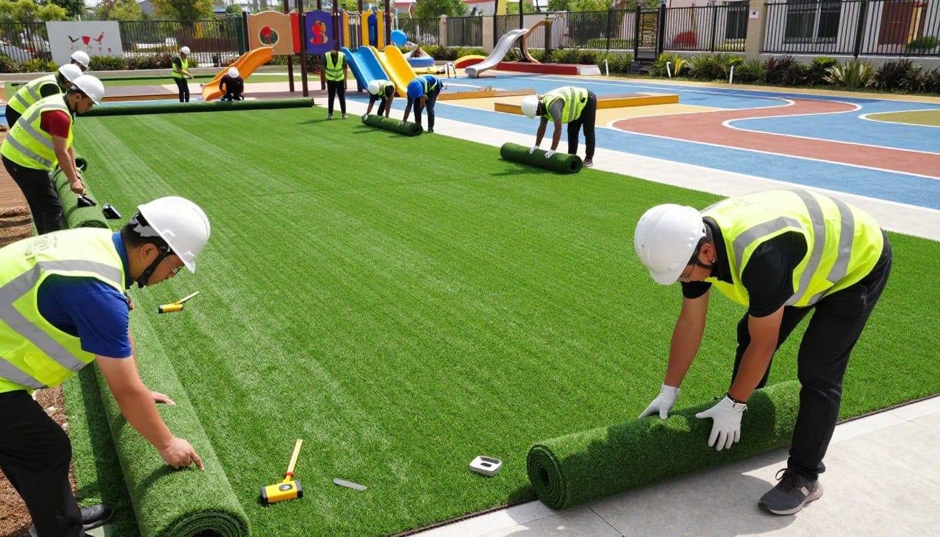 A detailed scene depicting the synthetic turf installation process on a playground, emphasizing safety and precision. In the foreground, a diverse team of professionals in bright safety vests and hard hats is carefully laying down synthetic turf rolls, using tools like knives and measuring equipment. In the middle ground, workers are installing padding beneath the turf, ensuring a soft landing surface, while checking for proper alignment. The background features a partially completed playground with colorful structures and children’s safety zones marked out. The lighting is bright and natural, suggesting a sunny day, creating an optimistic and productive atmosphere. The composition captures a clear, wide-angle view to highlight the teamwork and the precision required for a safe installation. A detailed scene depicting the synthetic turf installation process on a playground, emphasizing safety and precision. In the foreground, a diverse team of professionals in bright safety vests and hard hats is carefully laying down synthetic turf rolls, using tools like knives and measuring equipment. In the middle ground, workers are installing padding beneath the turf, ensuring a soft landing surface, while checking for proper alignment. The background features a partially completed playground with colorful structures and children’s safety zones marked out. The lighting is bright and natural, suggesting a sunny day, creating an optimistic and productive atmosphere. The composition captures a clear, wide-angle view to highlight the teamwork and the precision required for a safe installation.