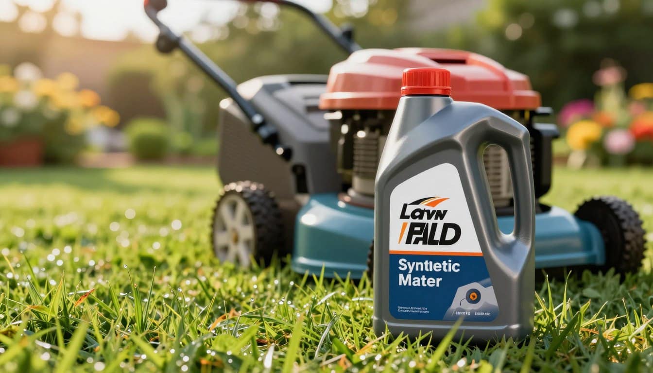 A high-quality, detailed image showcasing the benefits of synthetic oil for a lawn mower. In the foreground, a gleaming bottle of synthetic lawn mower oil, prominently labeled, with a backdrop of a well-maintained lawn mower that gleams with polished metal and fresh paint. The middle ground features blades of grass, slightly damp, glistening under natural sunlight, highlighting the relationship between oil and a healthy lawn. The background exhibits a clean yard with vibrant greenery and blooming flowers, evoking a sense of vitality and efficiency. The scene is illuminated by warm, golden hour lighting that enhances the colors, creating an inviting and professional atmosphere. The composition emphasizes the advanced technology of synthetic oil and its benefits, with a sharp focus on the oil bottle and mower, captured from a slightly low angle to convey importance and innovation. A high-quality, detailed image showcasing the benefits of synthetic oil for a lawn mower. In the foreground, a gleaming bottle of synthetic lawn mower oil, prominently labeled, with a backdrop of a well-maintained lawn mower that gleams with polished metal and fresh paint. The middle ground features blades of grass, slightly damp, glistening under natural sunlight, highlighting the relationship between oil and a healthy lawn. The background exhibits a clean yard with vibrant greenery and blooming flowers, evoking a sense of vitality and efficiency. The scene is illuminated by warm, golden hour lighting that enhances the colors, creating an inviting and professional atmosphere. The composition emphasizes the advanced technology of synthetic oil and its benefits, with a sharp focus on the oil bottle and mower, captured from a slightly low angle to convey importance and innovation.