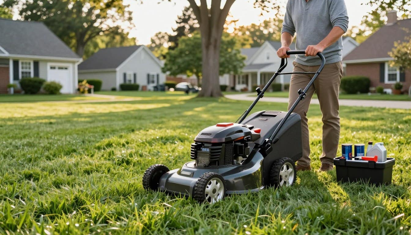 A lush, vibrant Connecticut lawn stretches across the foreground, showcasing rich green grass perfectly manicured by a lawn mower. The mower, parked prominently, is gleaming in a well-maintained condition, reflecting sunlight. In the middle ground, a homeowner in modest casual attire carefully checks the mower’s oil level with a dipstick, emphasizing the importance of oil maintenance. A small toolbox with oil cans and tools is nearby, giving an organized and professional feel. In the background, tree-lined residential homes in Connecticut can be seen, bathed in warm late afternoon sunlight, creating a peaceful suburban atmosphere. The image should have soft, natural lighting, captured with a shallow depth of field to draw focus on the mower and the action of maintenance, evoking a sense of pride in lawn care and community well-being. A lush, vibrant Connecticut lawn stretches across the foreground, showcasing rich green grass perfectly manicured by a lawn mower. The mower, parked prominently, is gleaming in a well-maintained condition, reflecting sunlight. In the middle ground, a homeowner in modest casual attire carefully checks the mower’s oil level with a dipstick, emphasizing the importance of oil maintenance. A small toolbox with oil cans and tools is nearby, giving an organized and professional feel. In the background, tree-lined residential homes in Connecticut can be seen, bathed in warm late afternoon sunlight, creating a peaceful suburban atmosphere. The image should have soft, natural lighting, captured with a shallow depth of field to draw focus on the mower and the action of maintenance, evoking a sense of pride in lawn care and community well-being.