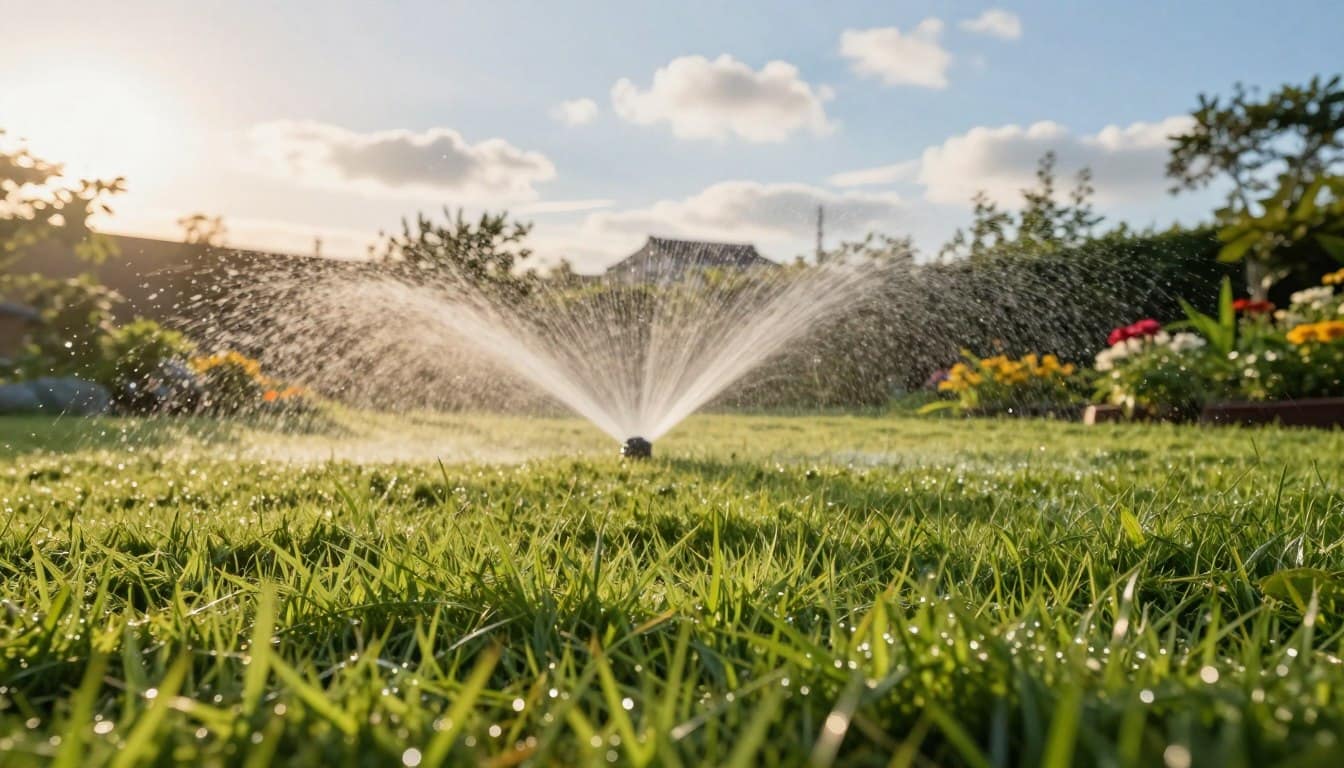 A picturesque morning scene of a well-maintained lawn, showcasing optimal watering times. In the foreground, glistening drops of water can be seen on vibrant green grass, illuminated by soft, golden morning sunlight. The middle ground features a serene lawn sprinkler in action, casting a gentle arc of water droplets, while a lush garden with flowers adds colorful accents. In the background, a clear blue sky is dotted with soft, white clouds. The atmosphere is tranquil and fresh, capturing the essence of early morning serenity. The image is taken from a slightly elevated angle, providing a wide view of the lawn. The lighting is warm and inviting, evoking a sense of clarity and ideal timing for watering. A picturesque morning scene of a well-maintained lawn, showcasing optimal watering times. In the foreground, glistening drops of water can be seen on vibrant green grass, illuminated by soft, golden morning sunlight. The middle ground features a serene lawn sprinkler in action, casting a gentle arc of water droplets, while a lush garden with flowers adds colorful accents. In the background, a clear blue sky is dotted with soft, white clouds. The atmosphere is tranquil and fresh, capturing the essence of early morning serenity. The image is taken from a slightly elevated angle, providing a wide view of the lawn. The lighting is warm and inviting, evoking a sense of clarity and ideal timing for watering.