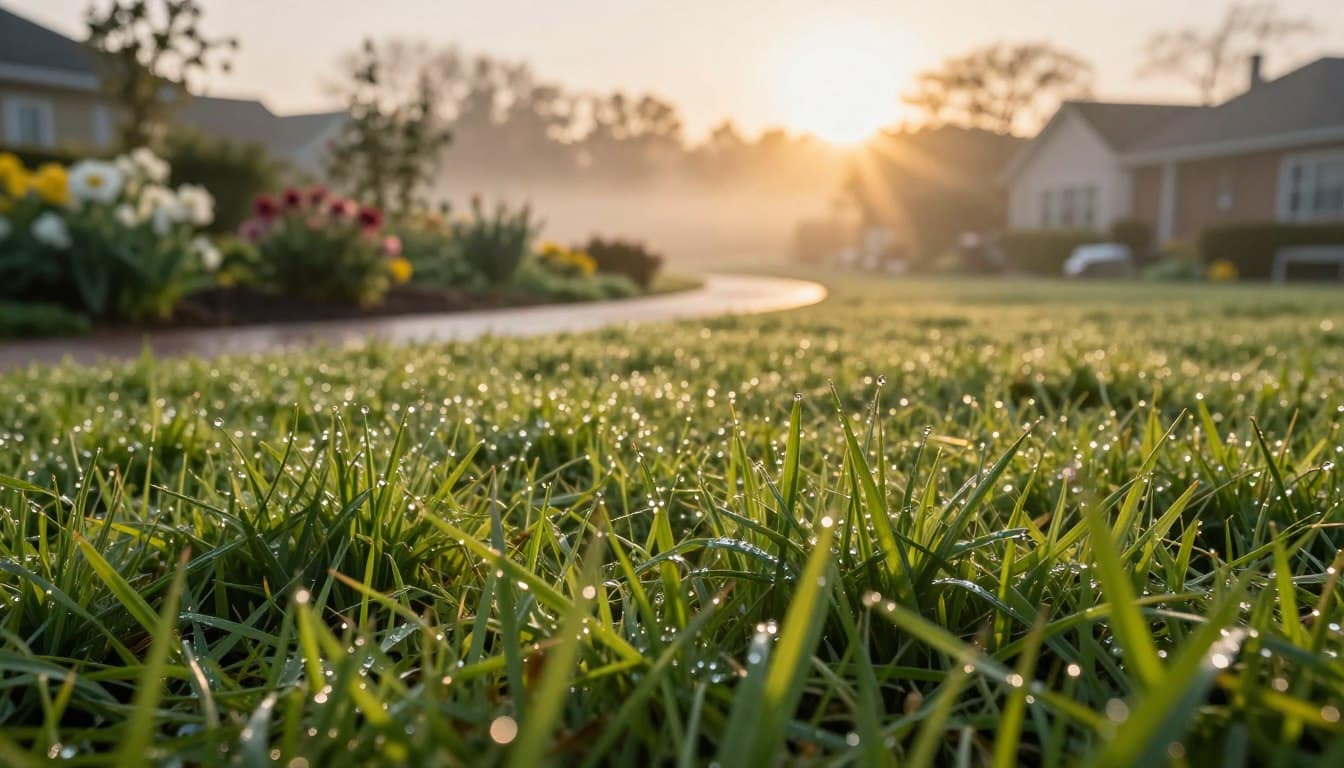 A serene early morning scene depicting the benefits of watering grass of a lush green lawn. In the foreground, droplets of water glisten on vivid green grass blades, reflecting the soft morning light. The middle ground features a gently curving path leading to a garden filled with blooming flowers under the golden sunrise, creating a warm and inviting atmosphere. In the background, mist lightly blankets the horizon, hinting at a tranquil suburban neighborhood. The sun, low in the sky, casts long, gentle shadows, enhancing the natural beauty of the scene. The focus should evoke a sense of freshness and vitality, showcasing the crispness of early morning and the rejuvenating effects of timely watering on plant health. The overall mood is peaceful and invigorating, emphasizing the nurturing aspect of early grass care. A serene early morning scene depicting the benefits of watering grass of a lush green lawn. In the foreground, droplets of water glisten on vivid green grass blades, reflecting the soft morning light. The middle ground features a gently curving path leading to a garden filled with blooming flowers under the golden sunrise, creating a warm and inviting atmosphere. In the background, mist lightly blankets the horizon, hinting at a tranquil suburban neighborhood. The sun, low in the sky, casts long, gentle shadows, enhancing the natural beauty of the scene. The focus should evoke a sense of freshness and vitality, showcasing the crispness of early morning and the rejuvenating effects of timely watering on plant health. The overall mood is peaceful and invigorating, emphasizing the nurturing aspect of early grass care.