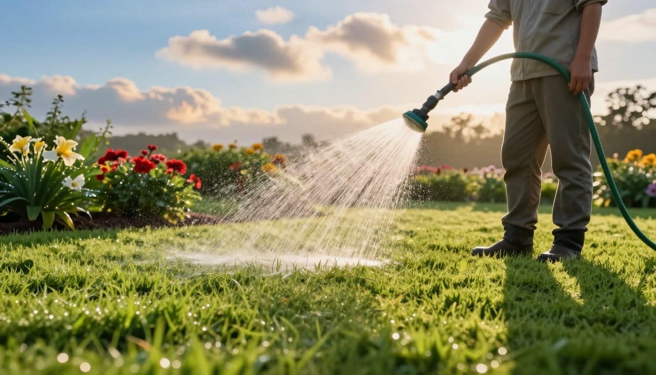 A serene early morning scene of a lush, healthy lawn being watered by a professional gardener. In the foreground, the gardener, dressed in modest casual attire, gently waters the rich green grass with a handheld hose, droplets shimmering in the soft golden light of dawn. The middle ground features vibrant flowers bordering the lawn, dew glistening on their petals. In the background, a clear blue sky adorned with soft, colorful clouds hints at the freshness of the day. The sunlight casts long shadows, creating a tranquil atmosphere, with subtle highlights showcasing the textures of the grass and soil. The overall mood is peaceful and rejuvenating, capturing the essence of optimal lawn care during the best time of day. A serene early morning scene of a lush, healthy lawn being watered by a professional gardener. In the foreground, the gardener, dressed in modest casual attire, gently waters the rich green grass with a handheld hose, droplets shimmering in the soft golden light of dawn. The middle ground features vibrant flowers bordering the lawn, dew glistening on their petals. In the background, a clear blue sky adorned with soft, colorful clouds hints at the freshness of the day. The sunlight casts long shadows, creating a tranquil atmosphere, with subtle highlights showcasing the textures of the grass and soil. The overall mood is peaceful and rejuvenating, capturing the essence of optimal lawn care during the best time of day.