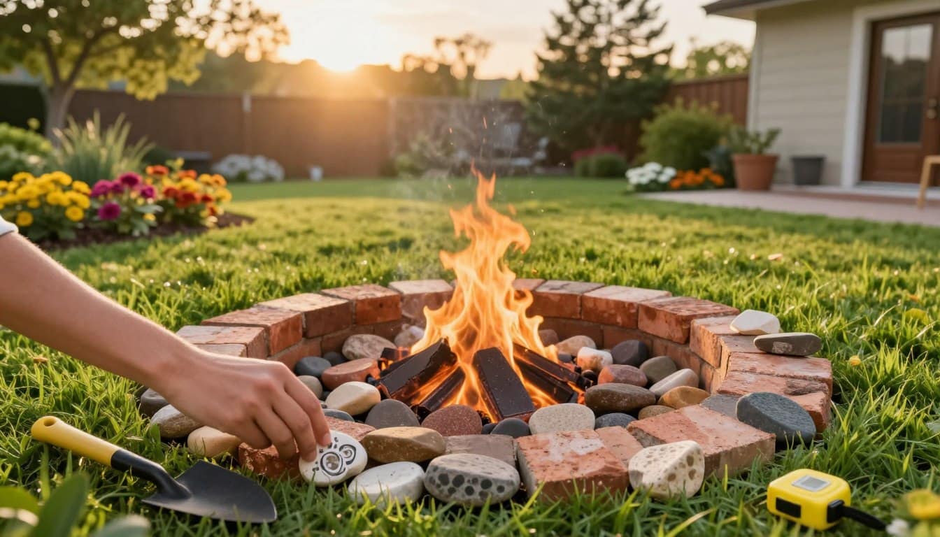 A step-by-step guide illustration for a DIY fire pit project in a backyard setting. In the foreground, show a hand placing decorative stones around a pit, with tools like a trowel and measuring tape nearby. The middle layer features a partially completed fire pit, made from brick, surrounded by vibrant green grass and colorful flower beds. In the background, visualize a cozy backyard landscape with trees and a sunset casting warm, golden light. Use a slightly elevated angle for a comprehensive view, creating a sense of depth. The atmosphere should feel inviting and motivational, embodying a spirit of creativity and outdoor enjoyment. Avoid any text or individual human depictions. A step-by-step guide illustration for a DIY fire pit project in a backyard setting. In the foreground, show a hand placing decorative stones around a pit, with tools like a trowel and measuring tape nearby. The middle layer features a partially completed fire pit, made from brick, surrounded by vibrant green grass and colorful flower beds. In the background, visualize a cozy backyard landscape with trees and a sunset casting warm, golden light. Use a slightly elevated angle for a comprehensive view, creating a sense of depth. The atmosphere should feel inviting and motivational, embodying a spirit of creativity and outdoor enjoyment. Avoid any text or individual human depictions.
