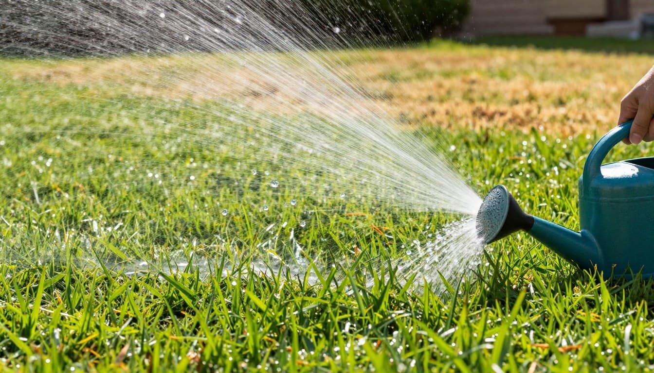 A vibrant depiction of common watering mistakes in lawn care, focusing on a beautifully maintained suburban lawn in the foreground. Illustrate over-watering with patches of soaked grass, while depicting a watering can spilling excessively in one corner. In the middle, show a broken sprinkler spraying too much water, creating a misty effect under the sun. The background features a dry patch of grass, emphasizing improper watering times. Use natural lighting to create a warm, sunny atmosphere, highlighting the contrast between healthy and unhealthy grass. The lens should capture the details of the grass blades, water droplets glistening in the sunlight, and maintain a balanced composition to draw attention to the different watering scenarios without clutter. A vibrant depiction of common watering mistakes in lawn care, focusing on a beautifully maintained suburban lawn in the foreground. Illustrate over-watering with patches of soaked grass, while depicting a watering can spilling excessively in one corner. In the middle, show a broken sprinkler spraying too much water, creating a misty effect under the sun. The background features a dry patch of grass, emphasizing improper watering times. Use natural lighting to create a warm, sunny atmosphere, highlighting the contrast between healthy and unhealthy grass. The lens should capture the details of the grass blades, water droplets glistening in the sunlight, and maintain a balanced composition to draw attention to the different watering scenarios without clutter.