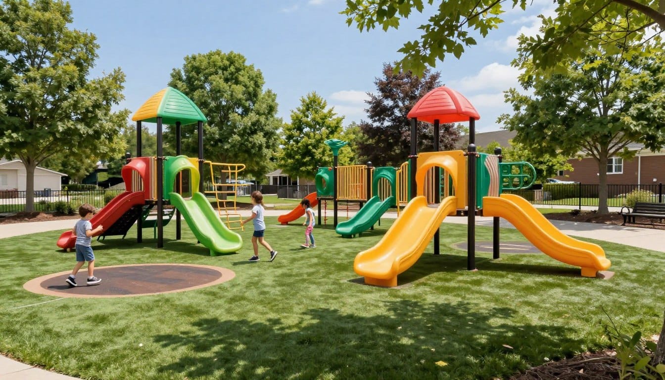 A vibrant playground scene in Connecticut, focusing on sustainable design elements. In the foreground, children play on lush, synthetic turf, demonstrating various safety padding areas. Brightly colored playground equipment, like slides and climbing frames, made from eco-friendly materials, draw attention in the middle ground. Healthy trees and a clear blue sky form the background, adding a natural ambiance to the setting. Soft sunlight filters through the leaves, casting gentle shadows on the ground. The overall mood is joyful and lively, capturing the essence of a safe, fun, and environmentally-conscious playground designed for community engagement and recreational activities. A vibrant playground scene in Connecticut, focusing on sustainable design elements. In the foreground, children play on lush, synthetic turf, demonstrating various safety padding areas. Brightly colored playground equipment, like slides and climbing frames, made from eco-friendly materials, draw attention in the middle ground. Healthy trees and a clear blue sky form the background, adding a natural ambiance to the setting. Soft sunlight filters through the leaves, casting gentle shadows on the ground. The overall mood is joyful and lively, capturing the essence of a safe, fun, and environmentally-conscious playground designed for community engagement and recreational activities.