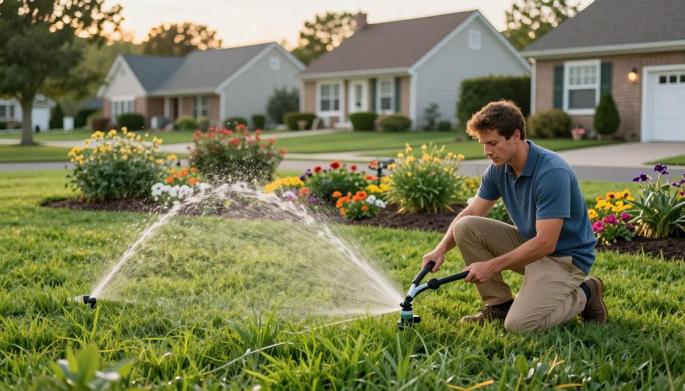 A vibrant suburban Connecticut lawn care scene during the golden hour, showcasing a well-maintained, lush green lawn. In the foreground, a knowledgeable lawn care expert in smart casual attire kneels beside a healthy patch of grass, demonstrating proper watering techniques. The middle ground features an inviting garden with colorful flowers and a modern sprinkler system, illustrating effective irrigation methods. In the background, a picturesque neighborhood with charming homes reflects the serenity of a Connecticut suburb. Soft, warm lighting enhances the tranquil atmosphere, while a slightly tilted camera angle captures the essence of the lawn care process. Emphasize a sense of community and expertise, inviting viewers to learn more about maintaining their lawns effectively. A vibrant suburban Connecticut lawn care scene during the golden hour, showcasing a well-maintained, lush green lawn. In the foreground, a knowledgeable lawn care expert in smart casual attire kneels beside a healthy patch of grass, demonstrating proper watering techniques. The middle ground features an inviting garden with colorful flowers and a modern sprinkler system, illustrating effective irrigation methods. In the background, a picturesque neighborhood with charming homes reflects the serenity of a Connecticut suburb. Soft, warm lighting enhances the tranquil atmosphere, while a slightly tilted camera angle captures the essence of the lawn care process. Emphasize a sense of community and expertise, inviting viewers to learn more about maintaining their lawns effectively.
