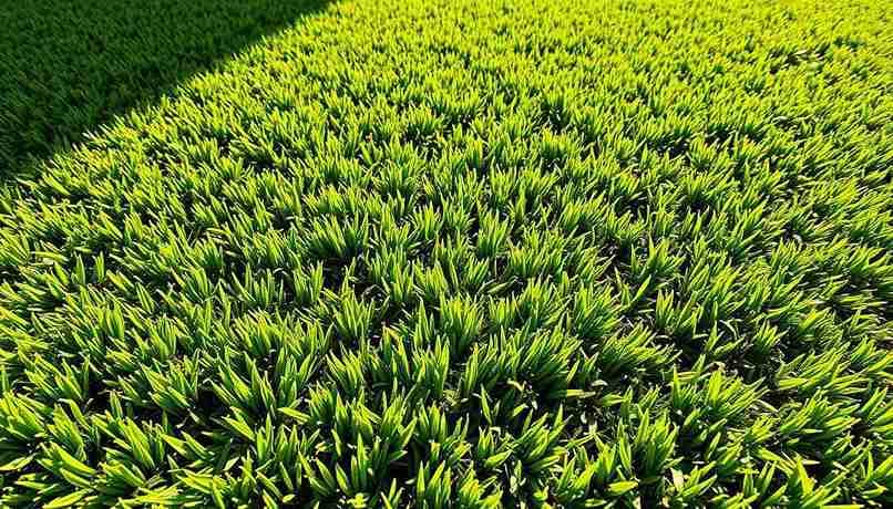 A grassy field with a building's shadow stretching across it, highlighting the contrast between natural and artificial turf elements.