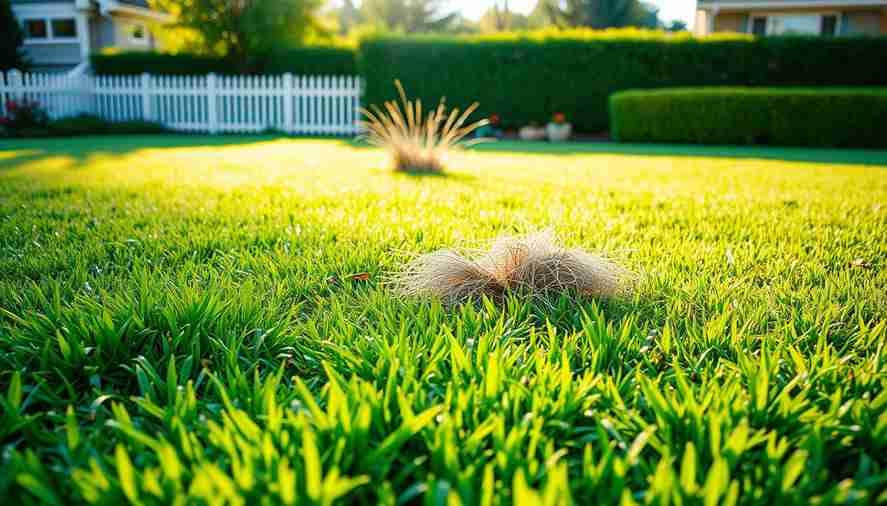 A small furry animal sits in a patchy lawn, indicating the grass needs dethatching.