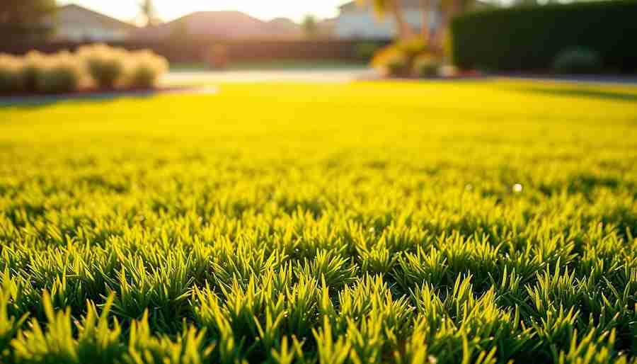 Close-up of vibrant green artificial turf illuminated by sunlight, showcasing a well-maintained lawn appearance.