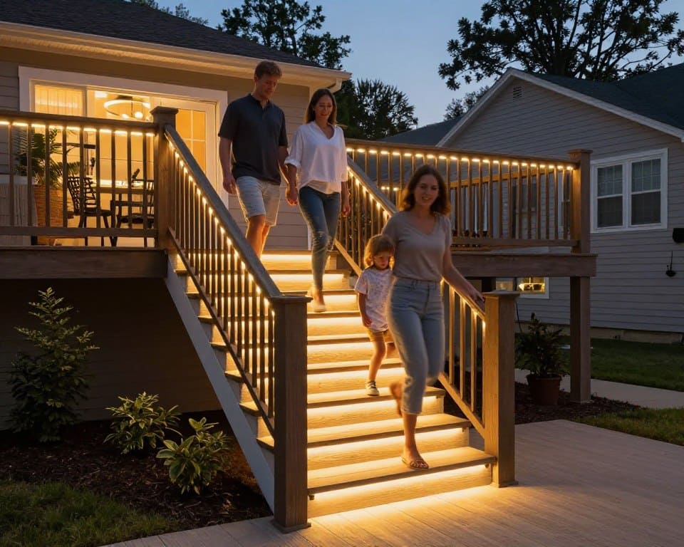 Outdoor LED lighting designed for safe deck and stair navigation in Dyer home Outdoor LED lighting designed for safe deck and stair navigation in Dyer home