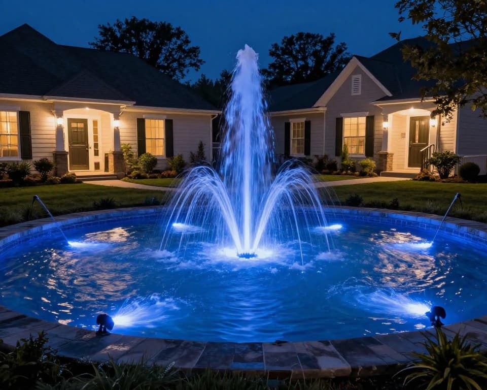 Water feature lighting creating dramatic nighttime focal point in Dyer landscape Water feature lighting creating dramatic nighttime focal point in Dyer landscape